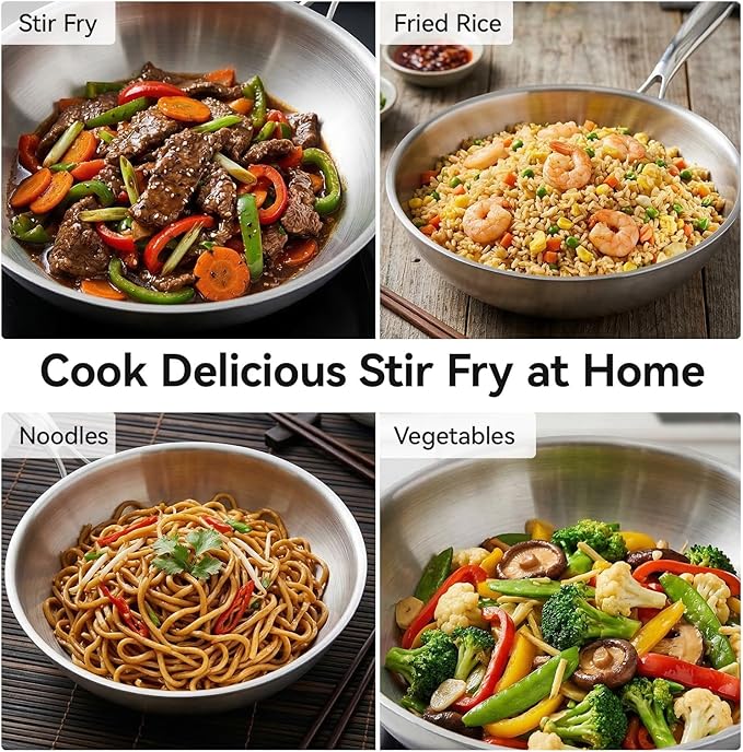 WANGYUANJI 12" Stainless Steel Wok Pan with Lid for 3-4 Servings, 4.2 QT Tri-Ply Flat Bottom Stir Fry Pan for Asian Cuisine, 18/10 (304) Induction Wok, Oven Safe