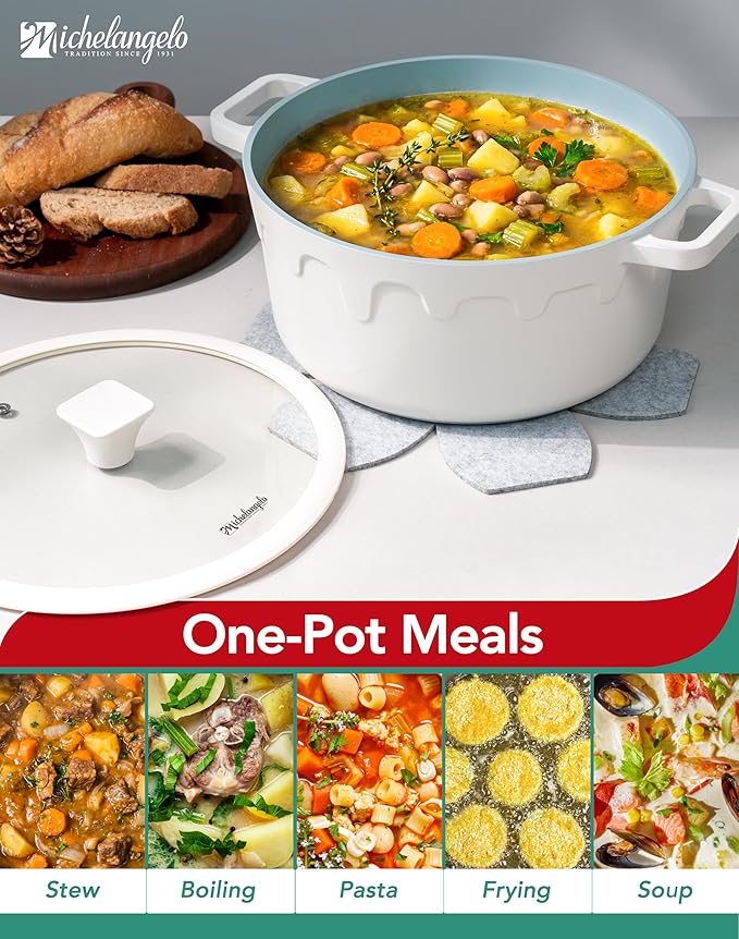 MICHELANGELO 8-Quart Soup Pot with Lid - Nonstick Large Ceramic Stock Pot for Induction Cooktop, 8qt Non Stick Cooking Pots with Silicone Handle Covers & Pot-Holder, Cream