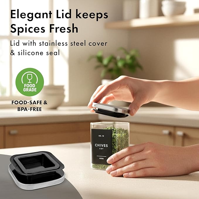 Glass Spice Jars with Steinless Seel Lids (12 x 6.4oz) Glass Spice Containers, Square Spice Jars with Labels 160, Seasoning Jars Organizer for Kitchen & Pantry