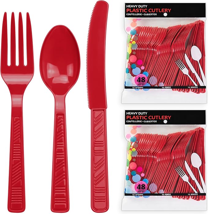 DecorRack Plastic Cutlery Set, Red Colored Plastic Silverware Sets for Parties, 96 Piece Bulk Heavy Duty Utensils (Red, 96 Pieces)