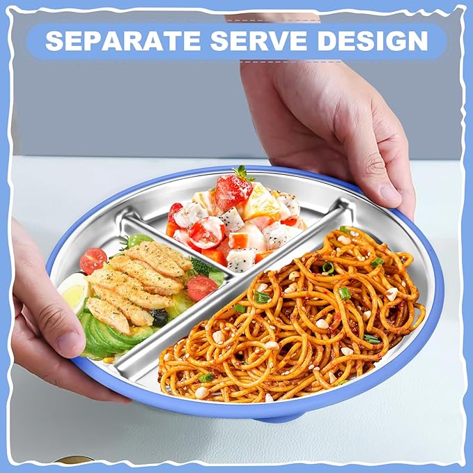 OVV Stainless Steel Kids Plates (3 Pack) 9 Inch Toddler Divided Plates with ﻿Removable Silicone Sleeves & 5 Suction Cups Baby Self Feeding | Mess-Free Mealtime | Dishwasher Safe