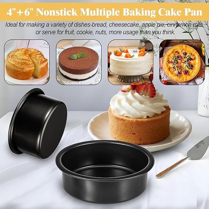 4-Inch & 6-Inch Cake Pan Set, Set of 2, Round Baking Pan, Carbon Steel Birthday Wedding Metal Layer Cake Pans, Non Toxic Coating, Straight Side, Easy Clean Easy Release, 2 Inch Deep