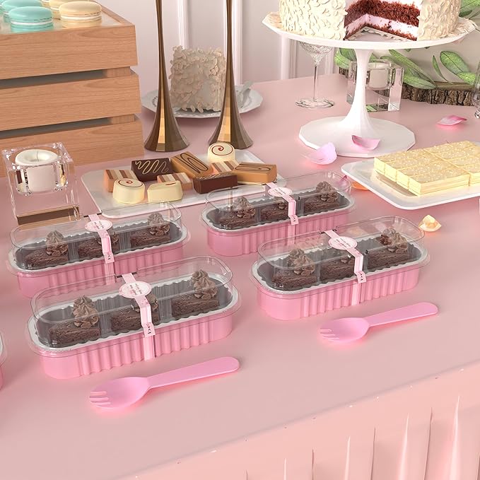 100 Pack Mini Loaf Pans with Lids Rectangle Individual Cake Pans Aluminum Foil Pans for Large Gatherings Picnics Vacations Parties(Pink, 6.8 OZ)