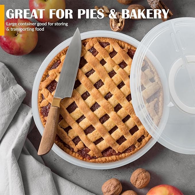 2 Pack Plastic Pie Carrier with Lid and Handles - Airtight Cover, BPA Free Container for Pies and Pastry Products - Round Keeper Keeps Cookies, Muffins, Cupcakes, Bakery Fresh