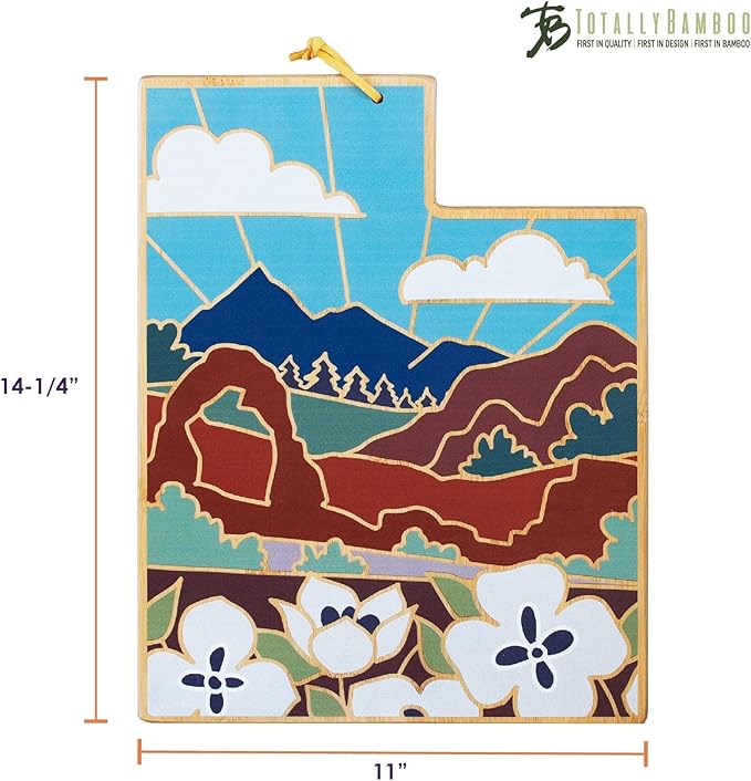 Totally Bamboo Utah State Shaped Cutting Board and Charcuterie Serving Platter with Artwork by Summer Stokes, Includes Hang Tie for Wall Display Varies