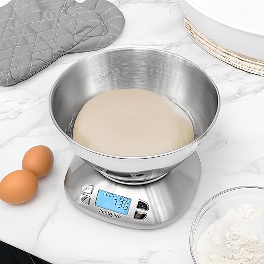 PantryPro Digital Kitchen Scale with Bowl - Stainless Steel 12lbs Capacity - LCD Display Grams and Ounces Battery Included