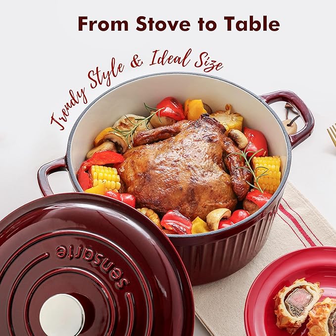 SENSARTE Enameled Cast Iron Dutch Oven Pot with Lid 6.5 Quart Heavy-Duty Round Dual Handles Kitchen Pot with Cotton Potholders & Silicone Trivet, Pot for Bread Baking, Stews, Braising, Roasting, Oven Safe up to 500°F, Red