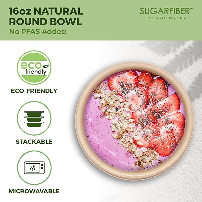 [125 Count]Harvest Pack 16oz Compostable Large Paper Bowls, PFAS FREE Round Biodegradable Heavy-Duty Eco-Friendly Disposable Soup Bowls, Sugarcane Bagasse Natural plant fibers, Alternative to Plastic
