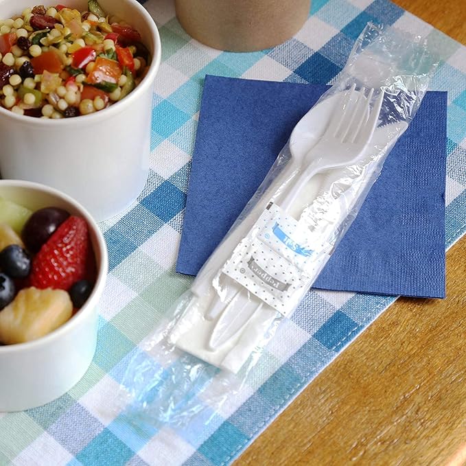 250 White Plastic Cutlery Packets - Knife, Fork, Spoon & Napkin Sets with Salt & Pepper - Individually Wrapped, Disposable Silverware