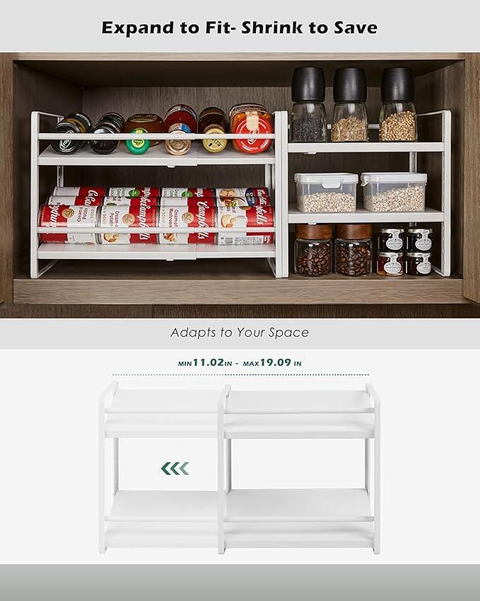 Expandable Adjustable 2-Tier Cabinet Shelf Organizer, White Metal Kitchen Pantry Countertop Storage Rack, Height Adjustable
