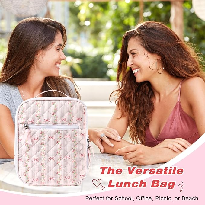 Aileam Lunch Box Lunch Bag for Women Cute Girls Insulated Womens Lunch Bag For Work Quilted Large Capacity Reusable Insulated Cooler for Work Picnic Travel Pink Bow Flower