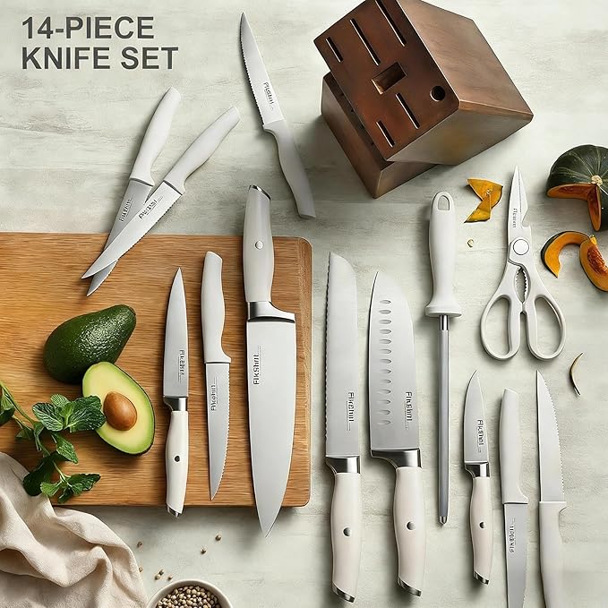 Knife Set 14-Piece Professional Chef Knives with Block and Sharpener, Elegant White Stainless Steel for Small Apartments, Modern Kitchens and Rental Homes, Dishwasher-Safe, Gift for Chefs