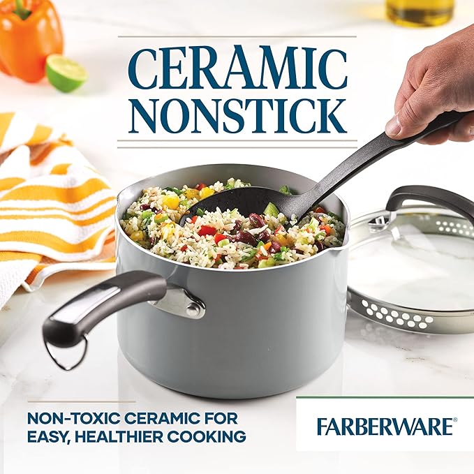 Farberware EcoAdvantage Ceramic Nonstick Straining Saucepan/Sauce Pan with Lid, 3 Quart, Gray