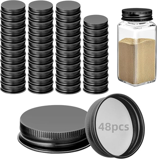 48 Pcs iron Jar Lids Lids for 4 oz and 6 oz Square Spice Jars Reusable Can Airtight Spice Storage Canning Lids for Nice Sealing Kitchen (Black)