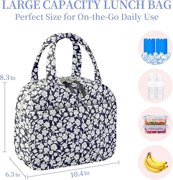 Quilted Lunch Box for Women,Coquette Aesthetic Lunch Box for Teen Girls,Cute Floral Lunch Bags for Work, School,Office,Picnic,Travel (White Floral)