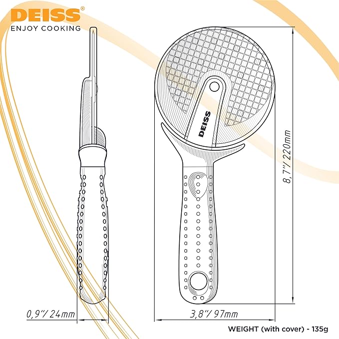 Deiss Lux Heavy Duty Pizza Cutter With Wheel Slicer- Stainless Steel Sharp Smooth Pizza Cutter Wheel With Easy Grip Non-Slip Handle, Dishwasher Safe (RED)