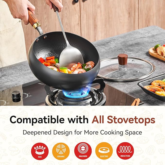 Carbon Steel Wok Pan with Lid, 9.4 Inch Big Belly Flat Bottom Wok, Coating-Free Stir Fry Pan for Gas, Electric, Ceramic & Induction, 3.5 QT Compact Wok for 1–3 Servings