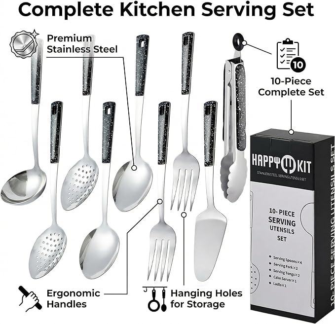Stainless Steel Metal Serving Utensils - Set of Serving Spoons,Slotted Spoons, and Serving Tongs.serving fork,cake server