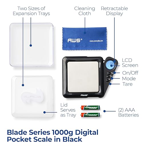 American Weigh Scales Blade Series Digital Pocket Gram Scale 1000g x 0.1g | Precision Mini Scale 0.1g Accuracy, Pocket Scale for Kitchen, Gold, Gems & Coin Scale, Smart Digital & Compact Scale