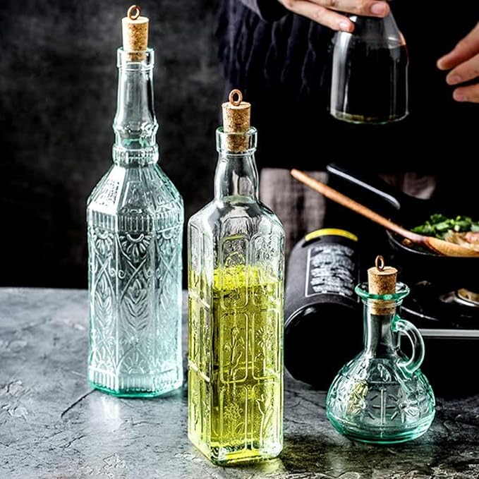 Bormioli Rocco Country Home Helios Oil Bottle Set of 2, 8 Oz. Refillable Glass Dispensers with Pour Spouts for Olive Oil, Vinegar & Condiments - Italian Glass Kitchen Storage Containers