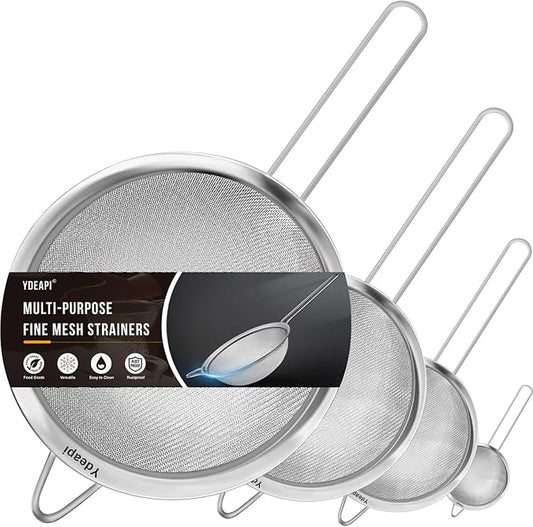 Fine Mesh Strainer, Stainless Steel Kitchen Strainers with Sturdy Handle, Set of 4 Metal Sieve for Food, Rice, Quinoa, Tea - 8.6", 6.3", 4.6", 2.7"