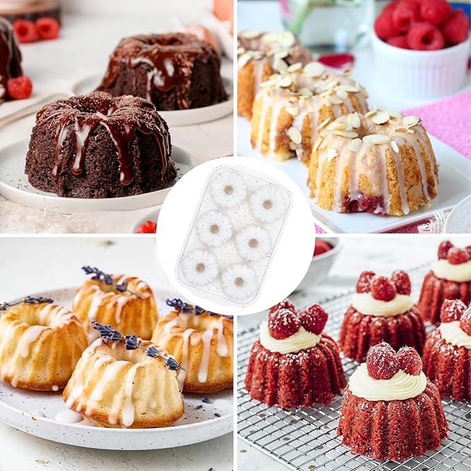 FUNBAKY Mini Fluted Tube Cake Pans for Baking with Metal Reinforced Frame, 2Pcs Silicone 6-Cavity Mini Flan Molds, Nonstick Baking Mold for Cupcake, Brownie, Donuts, Cornbread, Jello