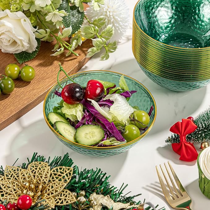 I00000 50 Pack 12 Ounce Clear Green Plastic Bowls Serving Bowls Hammered with Gold Rimmed, Heavy Duty Disposable Bowl Set,Small Bowls for Party Picnic