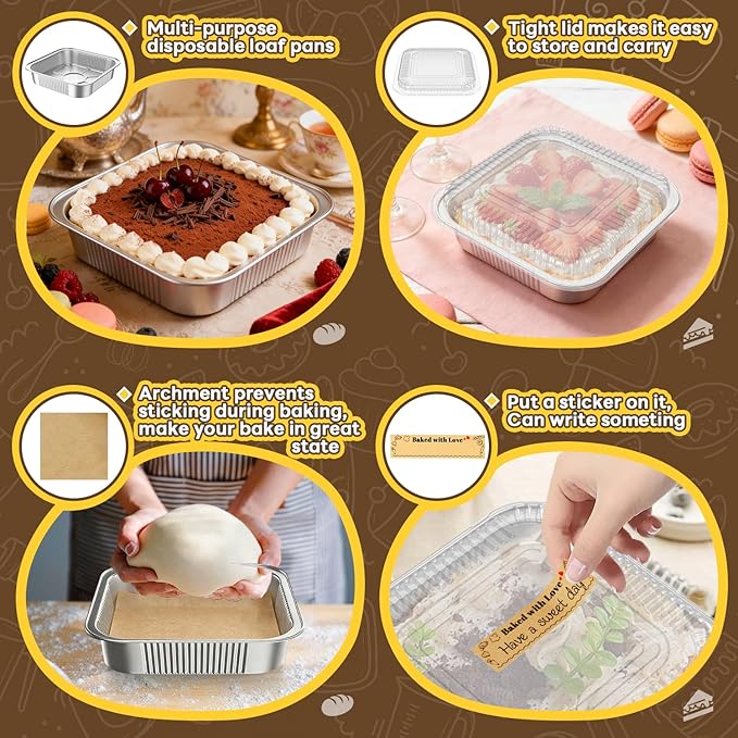 50 Pack Disposable Aluminum Foil Loaf Pans with Lids Stickers and Parchment Paper Sheets-8" X 8" X 1.6" Disposable Square Baking Cake Pans-Aluminum Foil Tins Portable Food Containers Kit