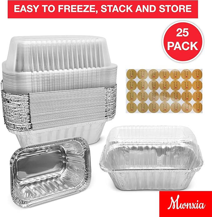 Disposable Mini Aluminum Loaf Pans with Lids & “Handmade with Love” Stickers, 6″ × 3.5″ × 2″, Pack of 25 Perfect for Baking Holiday Baked Bread Mini Cakes, Meatloaf, Banana Bread