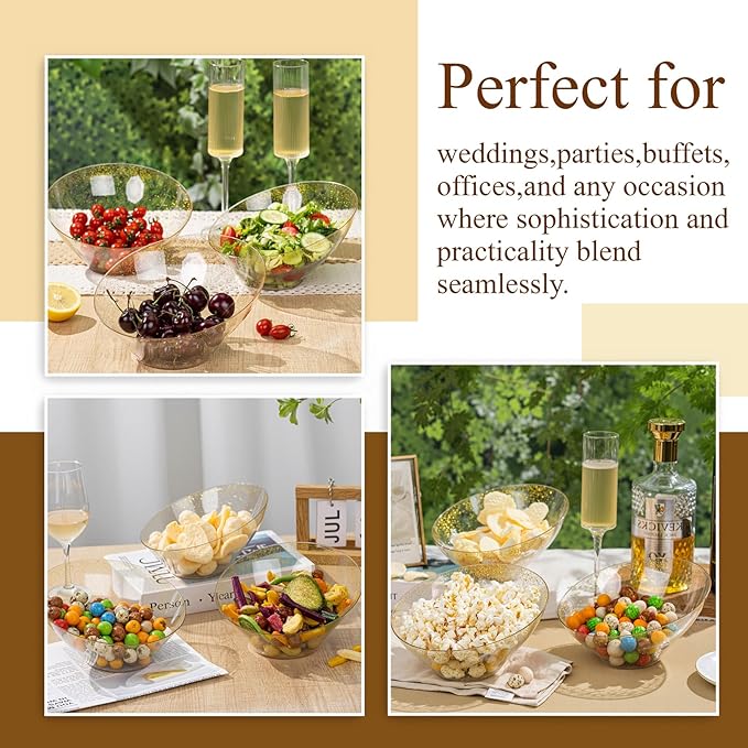 Liacere 16 Pack Gold Plastic Serving Bowls - 20 OZ Angled Party Table Salad and Fruit Bowls Disposable for Chip & Candy, Ideal for Wedding＆ New Year
