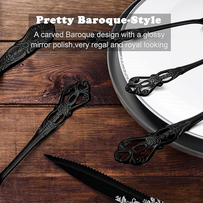 Runfly Retro Royal Black 48 Pieces Flatware Set, Gorgeous Black Silverware Set For 8, Anti-rust Stainless Steel dark Cutlery Set Utensils Including Fork Spoon and Knife