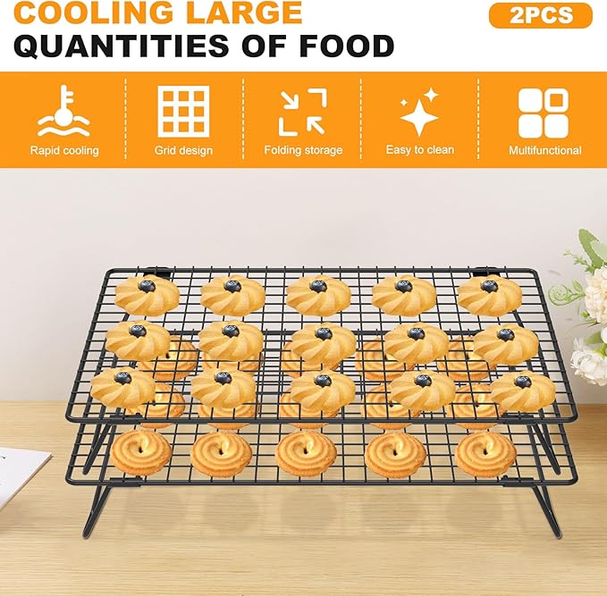 16.85" × 11" Stackable Cupcakes Cooling Racks – 2-Pack Nonstick Carbon Steel Baking Racks with Collapsible Legs, Perfect for Cooking, Roasting, Grilling, Drying & Cooling Cookies
