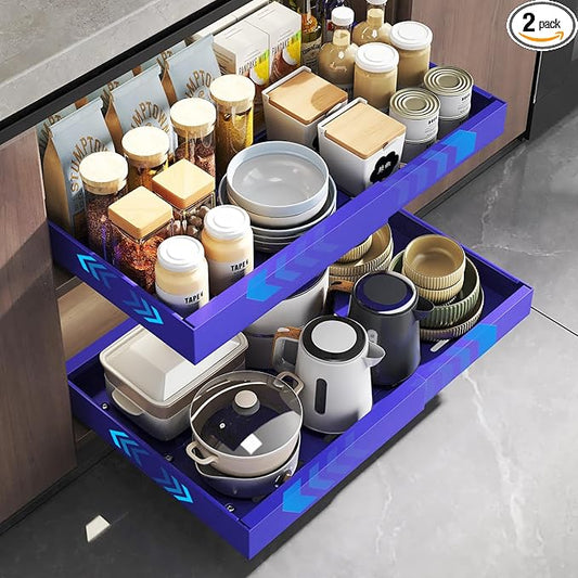 2 Pack Pull Out Cabinet Organizer, Expandable Slide Out Drawers for Kitchen Cabinets Peel and Stick Pullout Drawer Heavy Duty Sliding Shelves for Cupboard, Pantry, Bathroom(16.5" Deep, Blue)