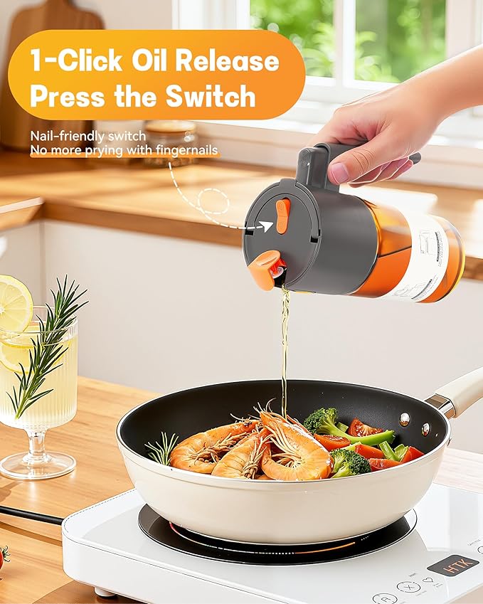Upgrade 2 in 1 Oil Sprayer for Cooking, 17oz Light-Blocking Glass Olive Oil Dispenser Bottle for Kitchen,Food-Grade Oil Mister with 8 Stickers for Salad, Frying (Grey)