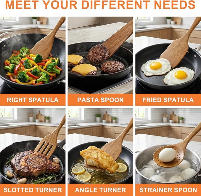 8 Pcs Best Acacia Wood Kitchen Utensil Set Wooden Spoons for Cooking Wok Turner Spatulas Bamboo Non Toxic Cooking Utensils Scraper Spurtle Kitchen Slotted Cooking Spoon Flat Egg Flipper Spatula Set