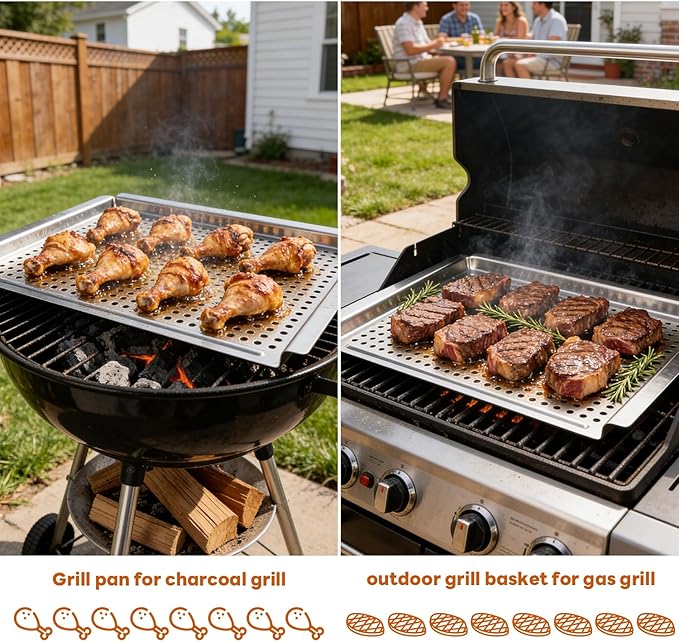 Grill pan, Grill topper for outdoor grill with hole, 17.7 * 12.6 Cooking Surface, Stainless steel grill pan for Gas Grill,camping or party (larger)