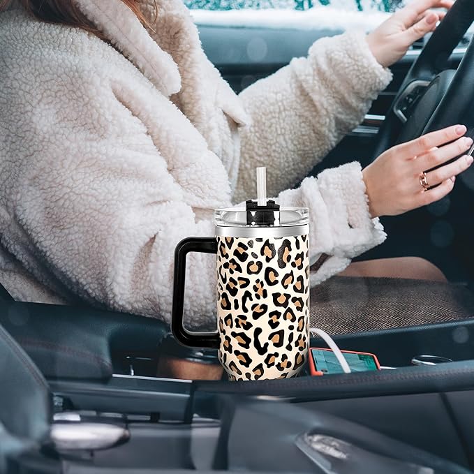 40 oz Tumbler with Handle and Straw, 100% Leak-Proof Travel Mug, Stainless Steel Double Wall Vacuum Insulated Coffee Cup Keeps Cold For 34 Hours, Cheetah