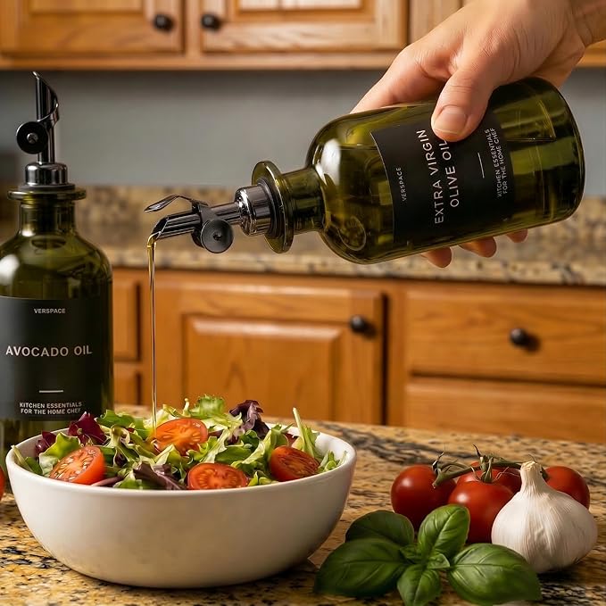 UV-Protected Green Glass Olive Oil Dispenser Bottles For Kitchen - Includes 40 Kitchen Essential Labels, Avocado Oil Dispenser Set, Modern Decor for Home, Airbnb, Cafe Set of 2