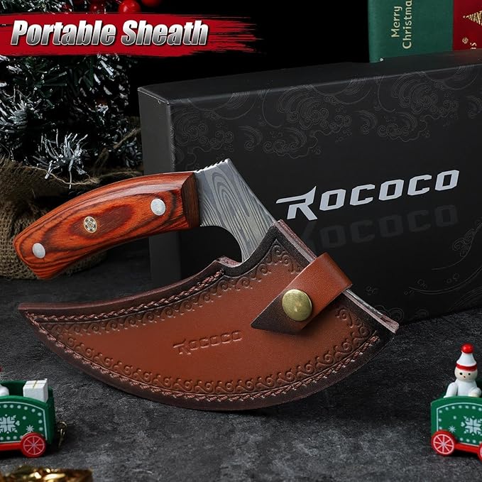 ROCOCO Pizza Cutter Ulu Knife – Full Tang Mezzaluna Rocker Chopper with Sheath for Kitchen, Camping, BBQ, Christmas Gifts Men Women