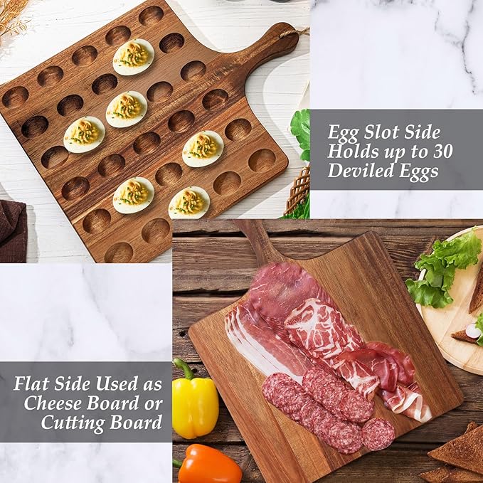 Gerrii Reversible Wooden Deviled Egg Platter Deviled Egg Tray Charcuterie Board Cutting Board Cheese Serving Tray for Home Kitchen(13 x 17 Inch, 30 Holes)