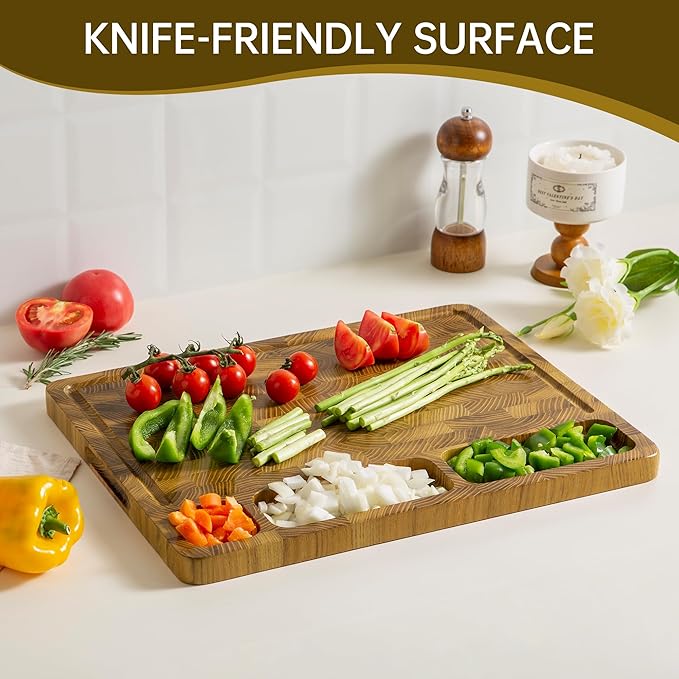 Teak Wood Cutting Boards for Kitchen, Large Charcuterie Board with Handle, 1" Thick Butcher Block, End Grain Cutting Board, Reversible Wooden Chopping Board for Meal Prep & Serving, 17"×13"