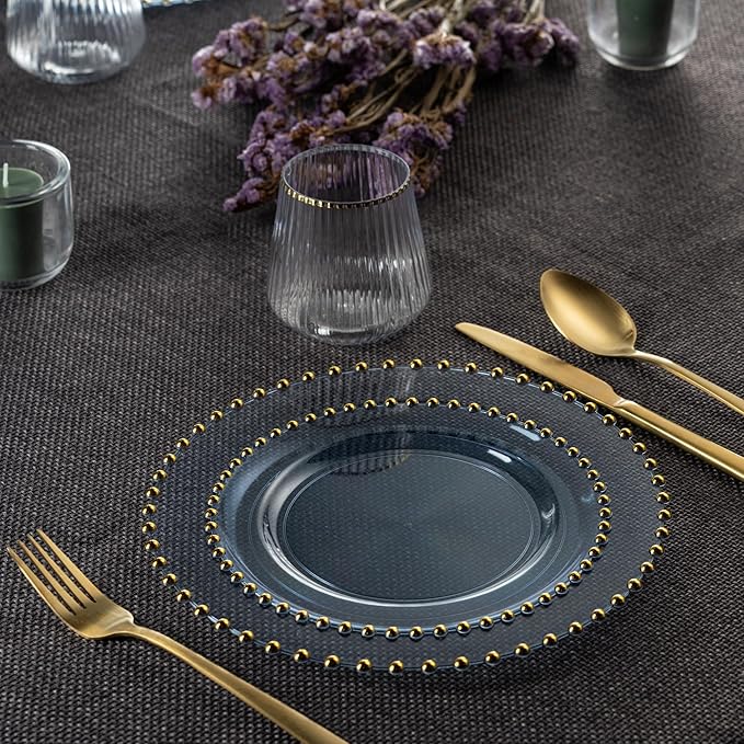 PLASTICPRO 32 Piece Combo Plastic Dinner Plates Disposable Plastic Fancy Heavy Duty Party Dishes 7 inch and 10 inch, Translucent Blue and Gold Beaded