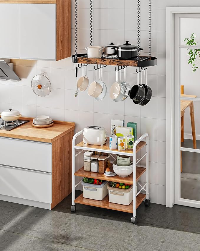 31.7-Inch Hanging Pot Rack, Space-Saving Pot Hanger for Kitchen, Ceiling Pan Hanging Rack with 16 Detachable S Hooks, Sturdy Metal Frame, Industrial Style, Rustic Brown and Black TPR09BF