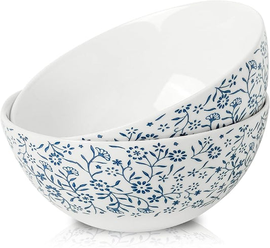 Ceramic Soup Bowls Set of 2, Large Pho Bowls 42oz, Blue Serving Bowls for Breakfast, Japanese White and Blue Bowls for Cereal Salad, Rice, Snack, Raman, Pasta, Fruit, Microwave Dishwasher Safe, 7 inch