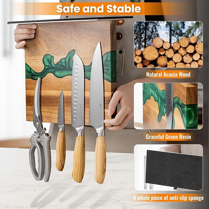 Magnetic Knife Block with Sharpening Stone and Stainless Steel Magnetic Knife Strip, Emojoy Double Side Magnetic Knife Holder, Acacia Wood Knife Block and Green Resin