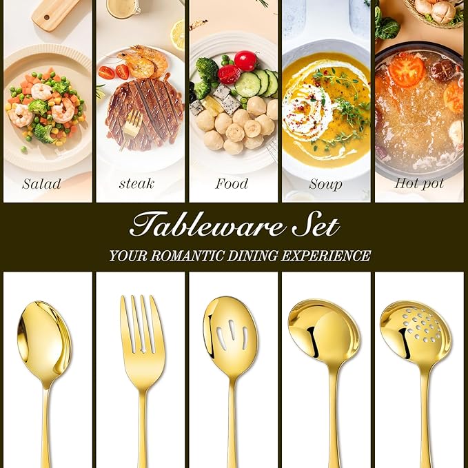 Mwellewm 14Pc Serving Utensils,Gold Stainless Steel Serving Spoons for Buffet,Fork,Tongs,Slotted Spoon,Cake Pie Server,Soup Spoon,Metal Silverware Banquet Cutlery Set for Parties Entertaining Catering
