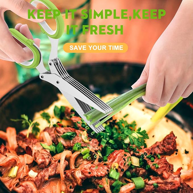 Fun Unique Kitchen Gadgets: Herb Scissors Set - Updated 2026 Cool Kitchen Tools for Cutting Fresh Garden Herbs - Sharp 5-Blade Shears with Cover, Anti-Rust Stainless Steel, Dishwasher Safe (Green)