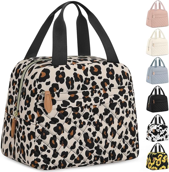 Insulated Lunch Bag for Women, Portable Lightweight Lunch Box for Adults, Reusable Small Lunch Tote Cooler Bags with Front Zipper Pocket for Work School Picnic(Leopard)