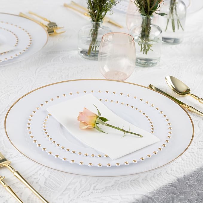 PLASTICPRO 32 Piece Combo Plastic Dinner Plates Disposable Plastic Fancy Heavy Duty Party Dishes 7 inch and 10 inch, White and Gold Beaded