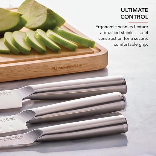 KitchenAid 3 Piece Forged Chef Knife Set High Carbon Japanese Steel, Includes 8 Inch Chef Knife, 5 Inch Santoku Knife, and 3.5 Inch Paring Knife with Blade Covers